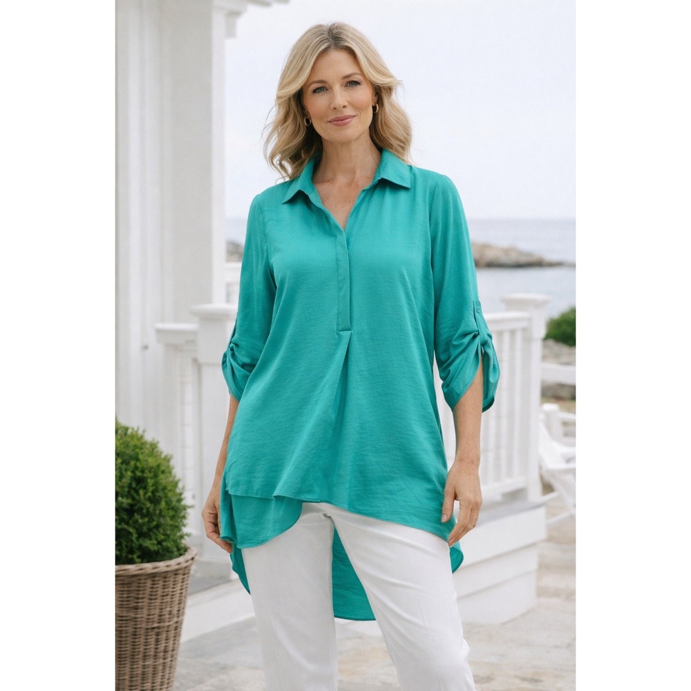 Renuar Coastal Chic Tunic Blouse Small Teal Roll Tab Sleeve High Low